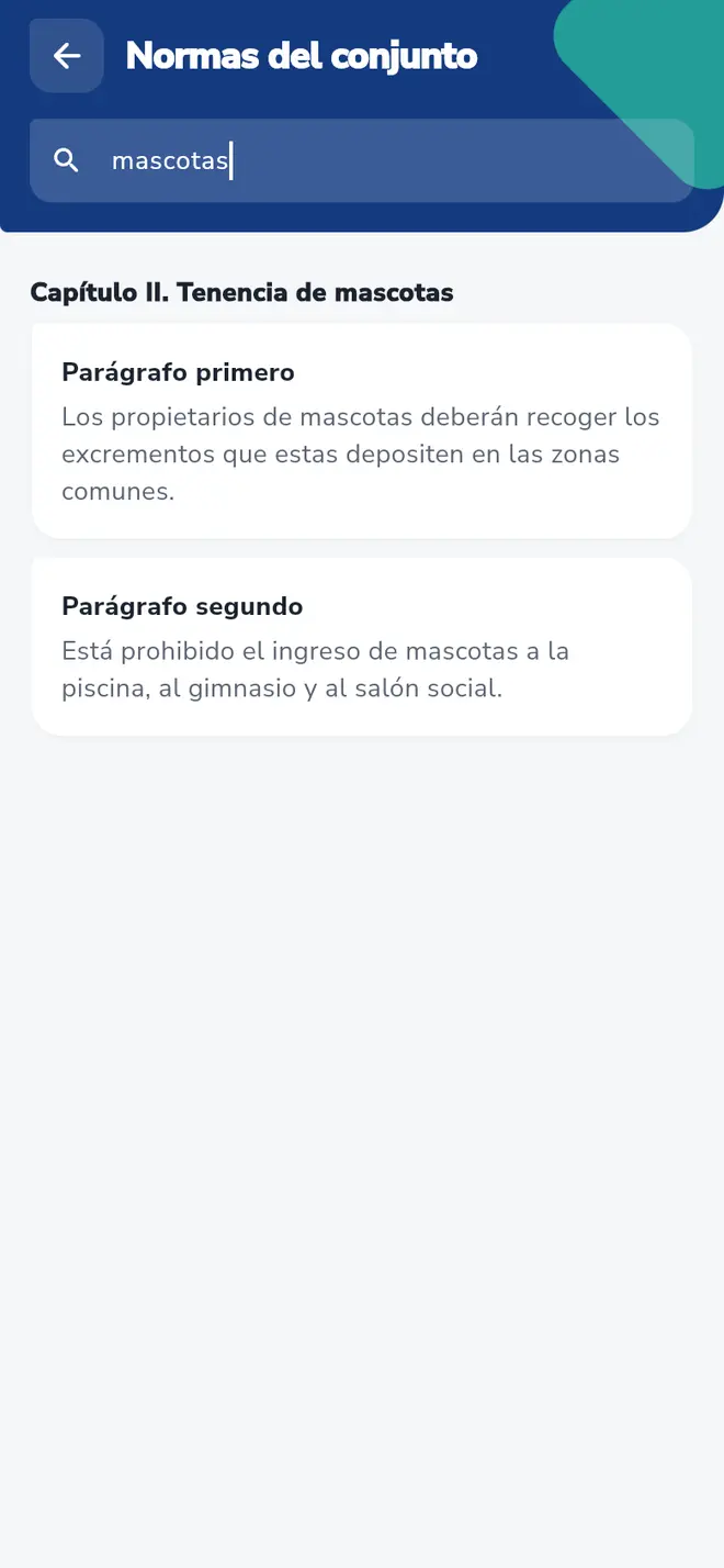 Pantalla Normas del conjunto: el buscador tiene escrita la palabra mascotas y la lista muestra solo lo relacionado