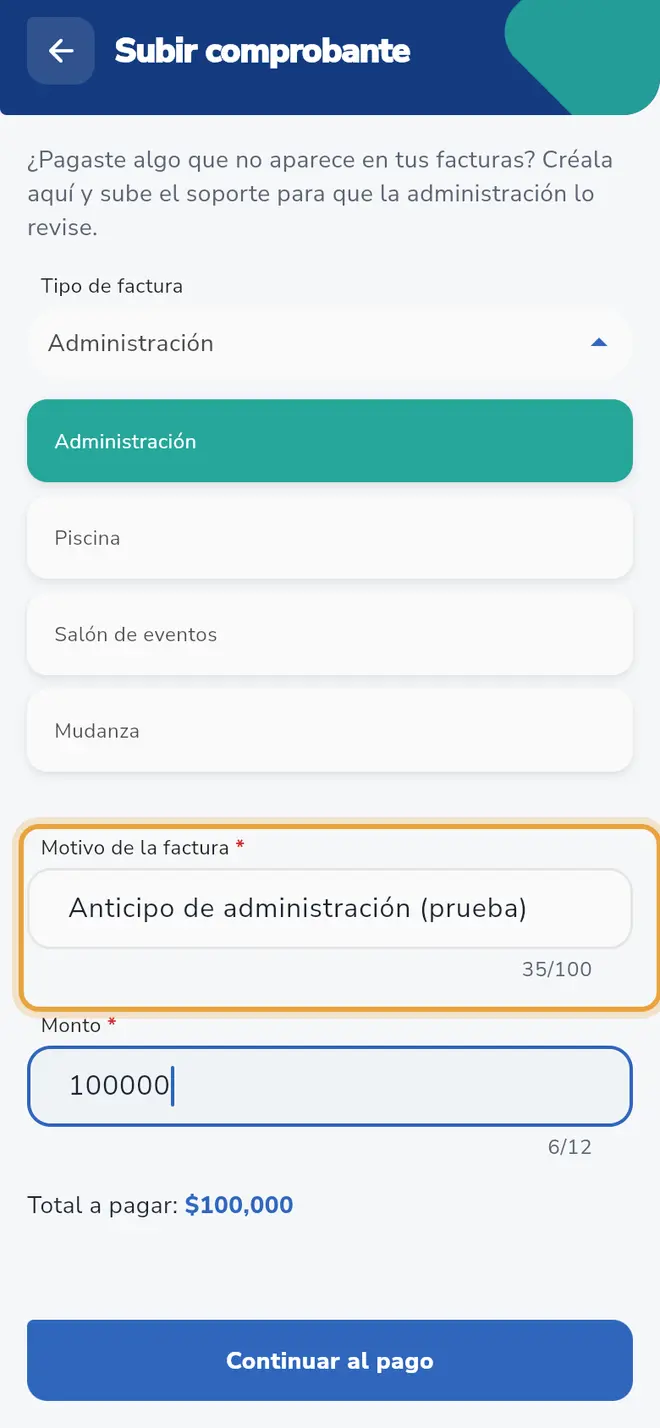Pantalla Subir comprobante: el campo Motivo de la factura está señalado