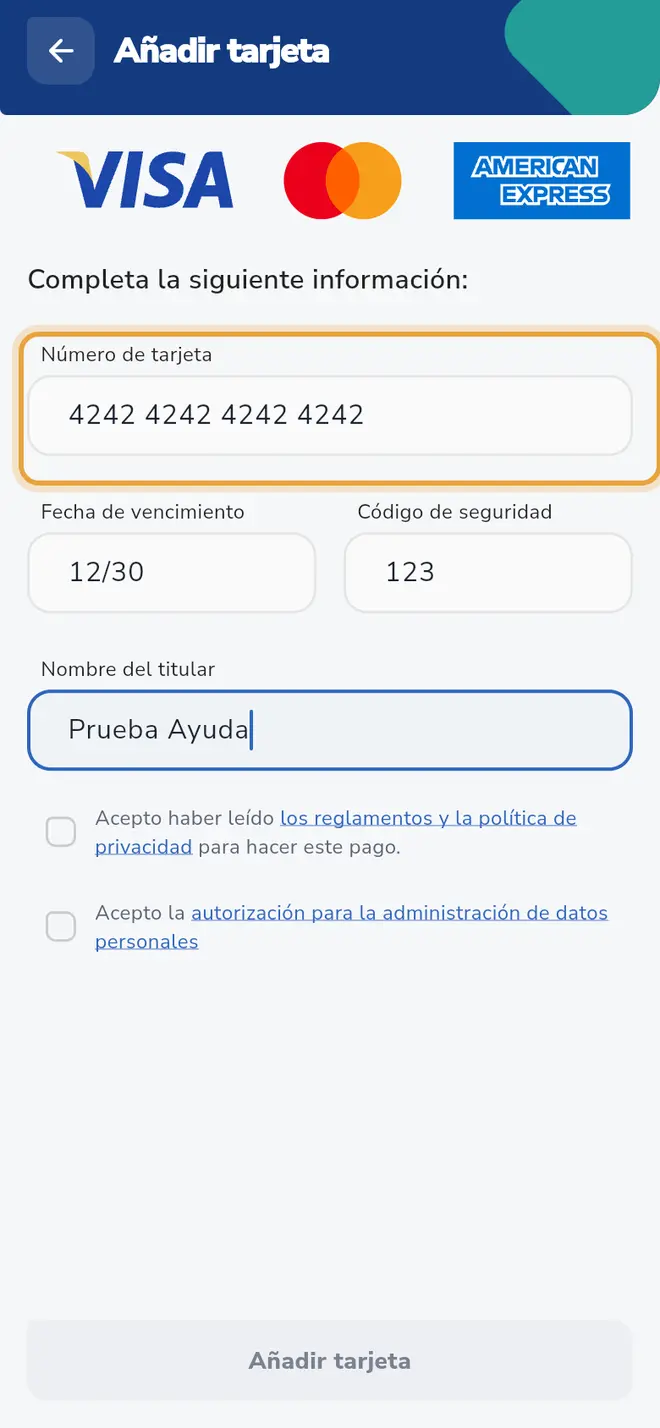 Pantalla Añadir tarjeta: el campo Número de tarjeta está señalado