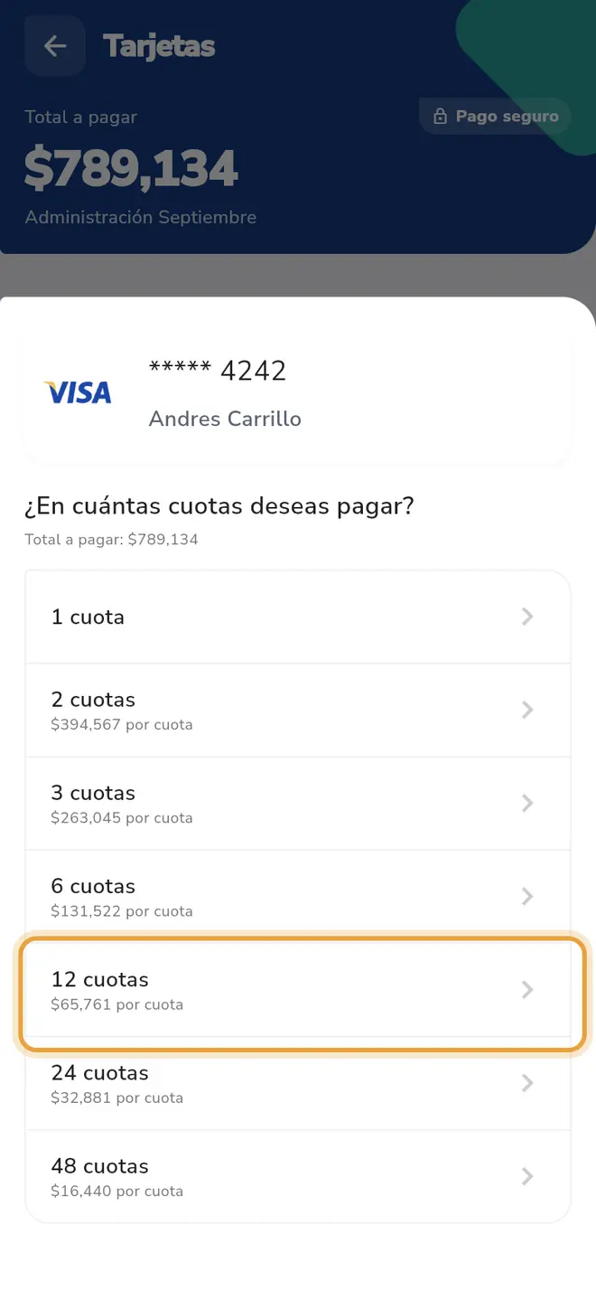Ventana de cuotas: la opción 12 cuotas está señalada