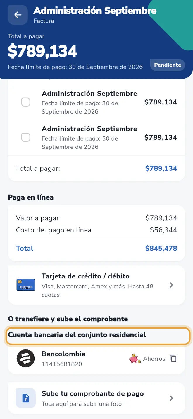Detalle de la factura: la sección Cuenta bancaria del conjunto residencial está señalada