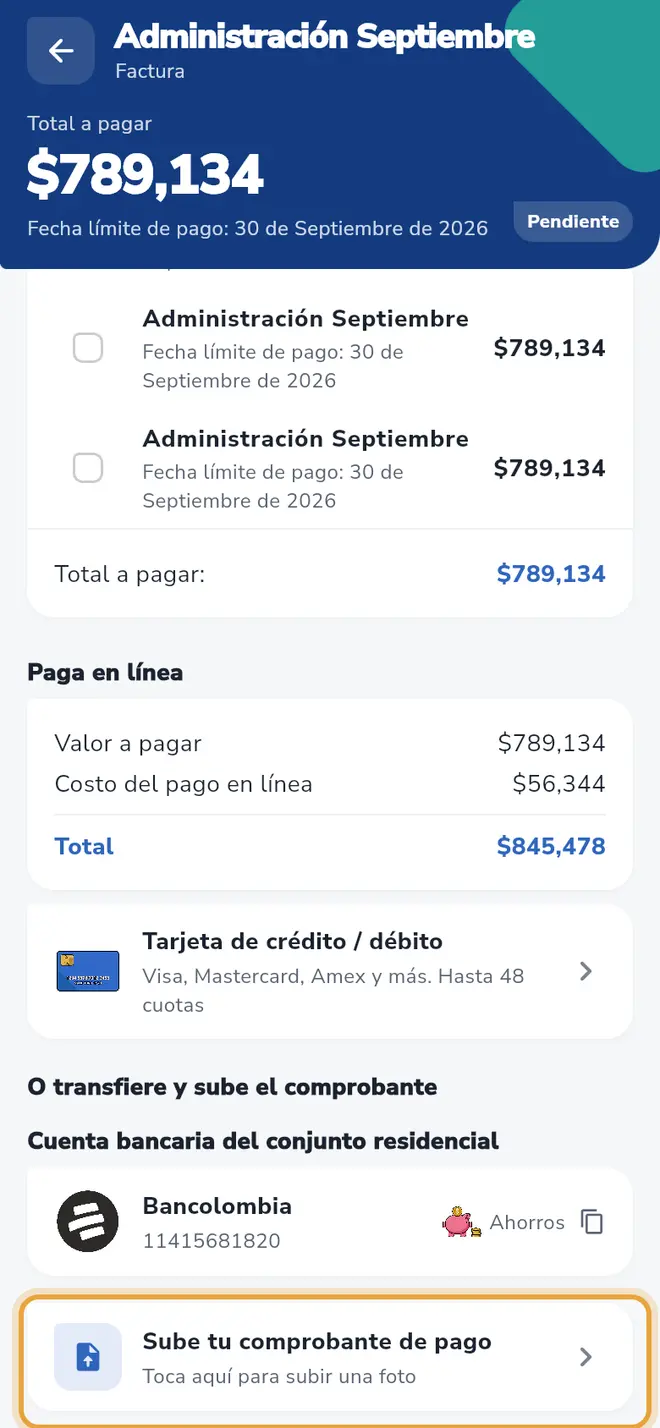 Detalle de la factura: el botón Sube tu comprobante de pago está señalado