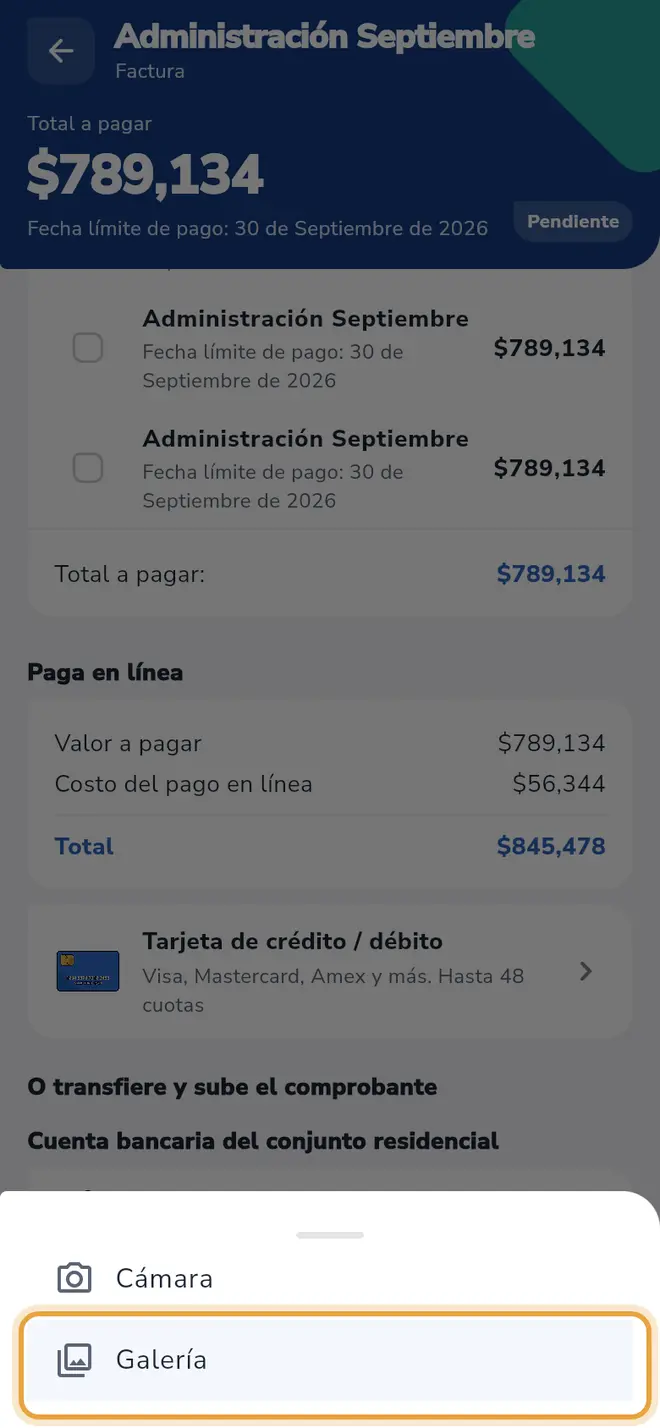 Ventana para elegir entre Cámara y Galería; Galería está señalada