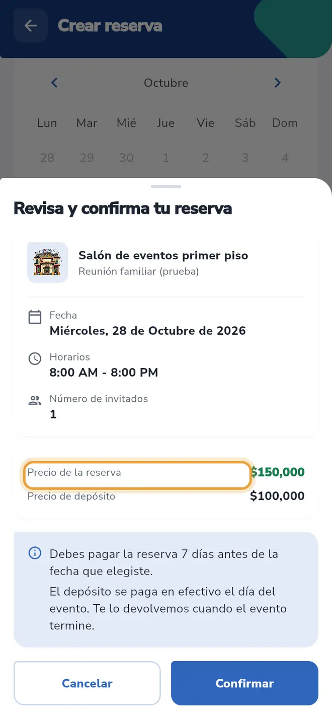 Pantalla Revisa y confirma tu reserva: el Precio de la reserva está señalado