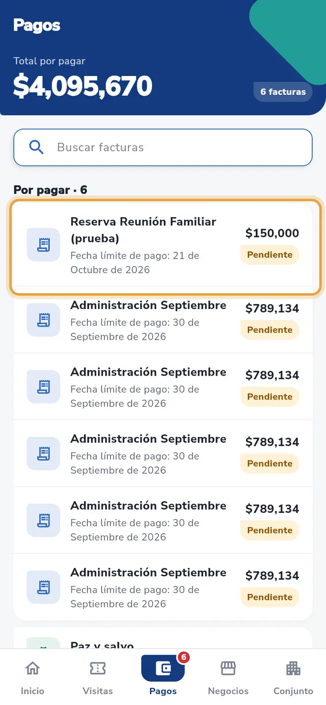 Pestaña Pagos: la factura Reserva con el motivo del evento está señalada