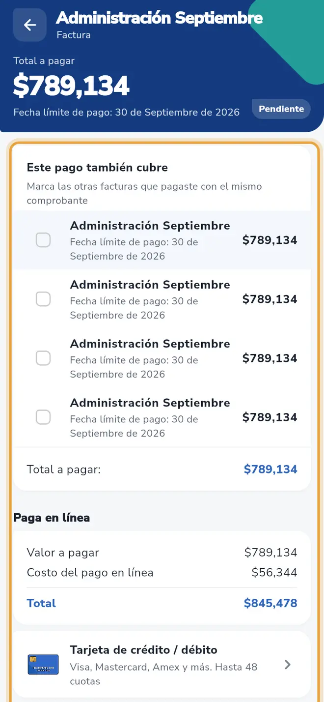 Detalle de la factura: la tarjeta Este pago también cubre está señalada