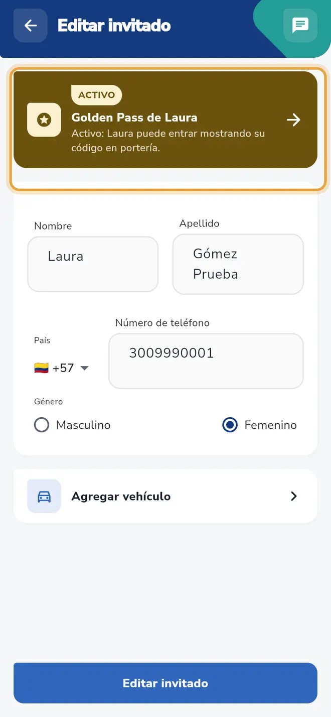 Pantalla Editar invitado: la tarjeta dorada "Golden Pass de Laura" con la etiqueta ACTIVO está señalada.