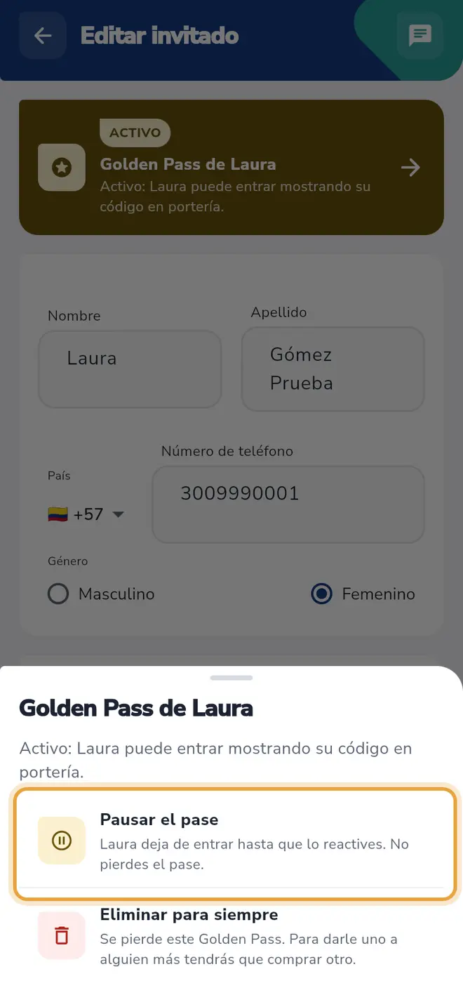 Hoja Golden Pass de Laura: la opción Pausar el pase está señalada.