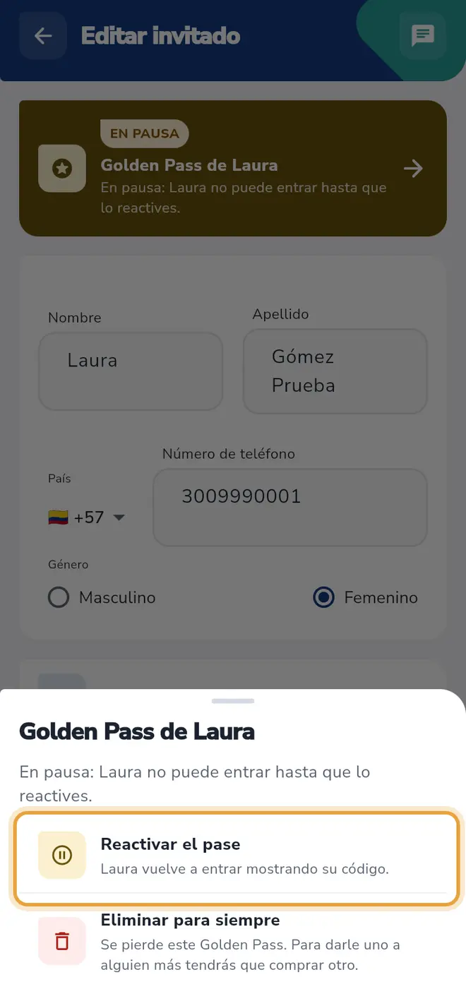 Hoja Golden Pass de Laura en pausa: la opción Reactivar el pase está señalada.