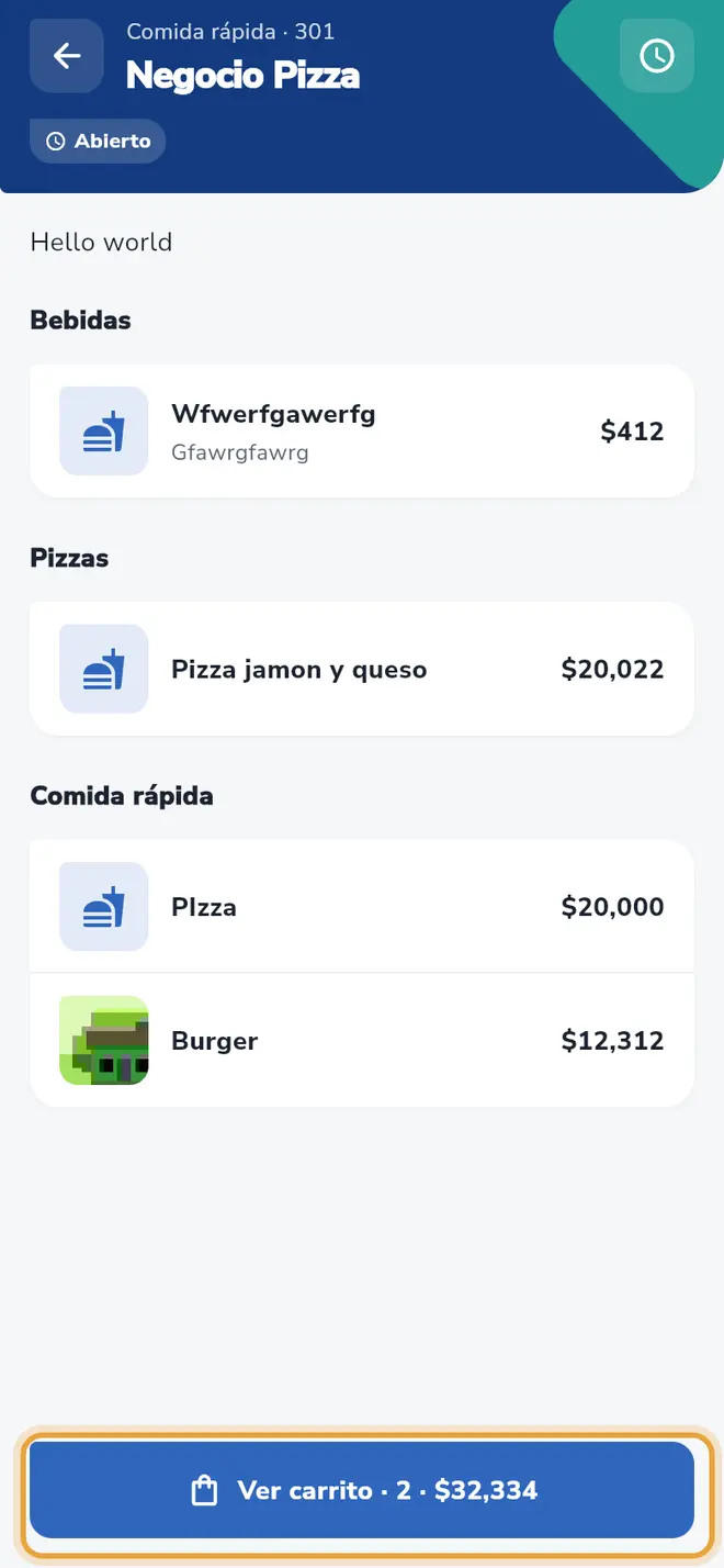 Pantalla del negocio: el botón Ver carrito con 2 productos y el total está señalado