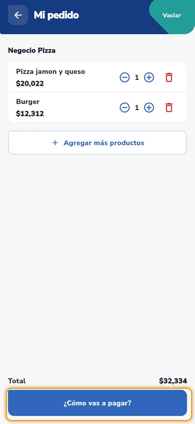 Pantalla Mi pedido: el botón ¿Cómo vas a pagar? está señalado