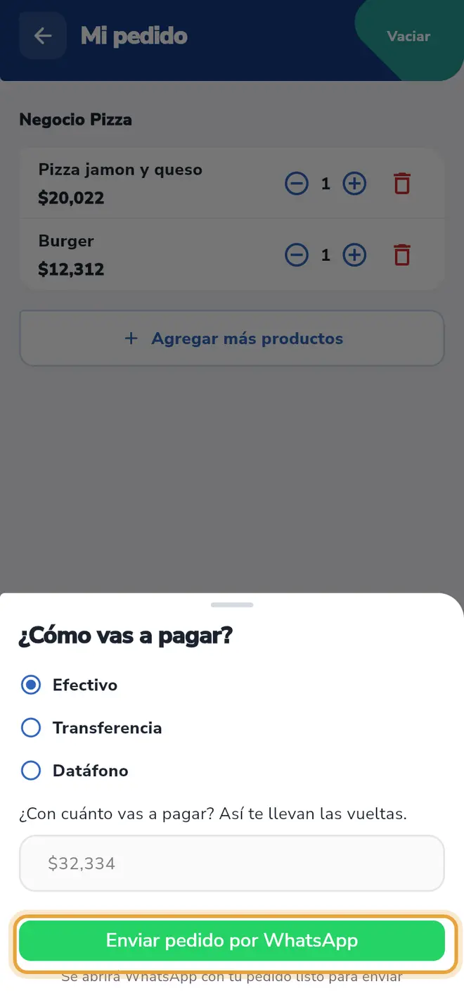 Hoja ¿Cómo vas a pagar? con Efectivo elegido: el botón verde Enviar pedido por WhatsApp está señalado