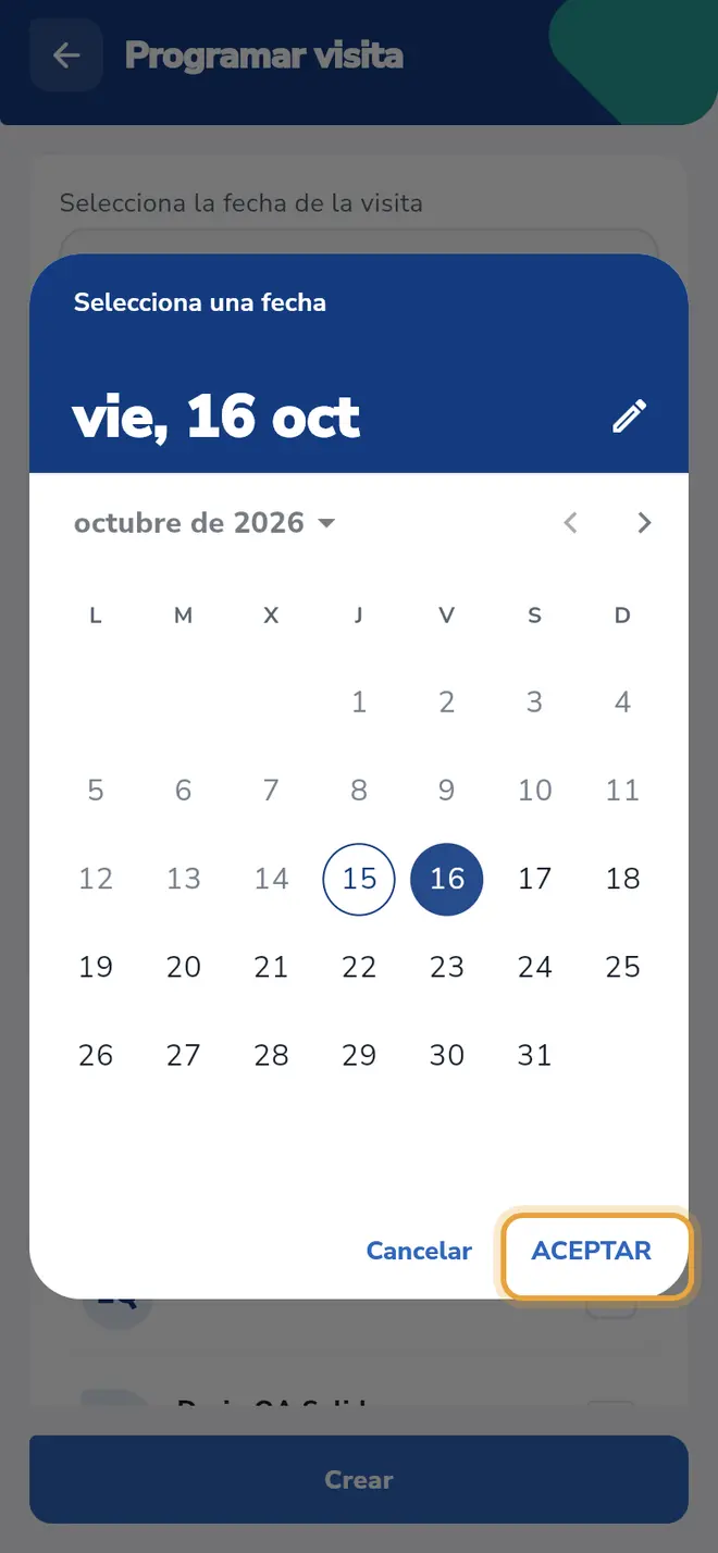 Calendario abierto con el 16 de octubre elegido: el botón ACEPTAR está señalado.