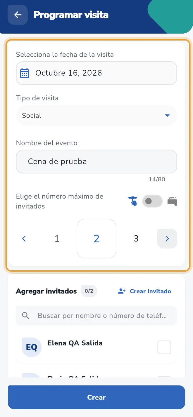 Formulario con la fecha, el tipo Social y el nombre escritos: el selector del número máximo de invitados está señalado y marca 2.
