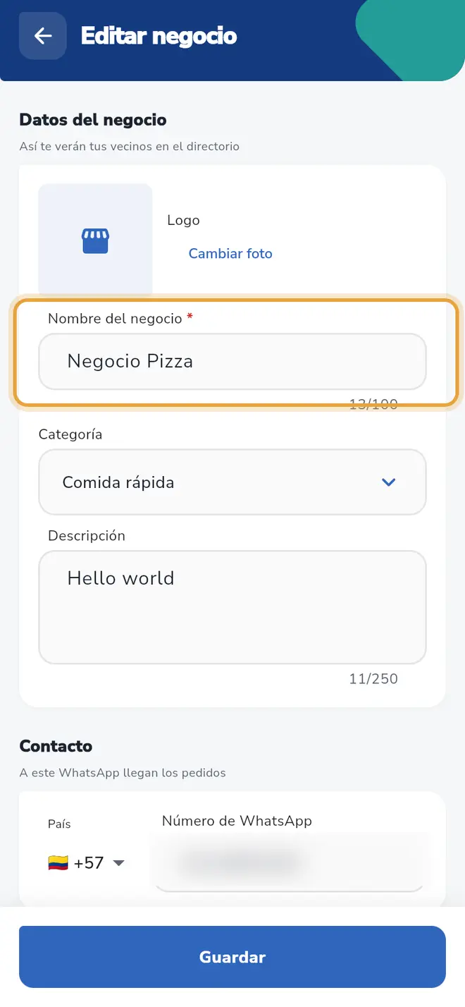 Formulario del negocio, sección Datos del negocio: el campo Nombre del negocio está señalado