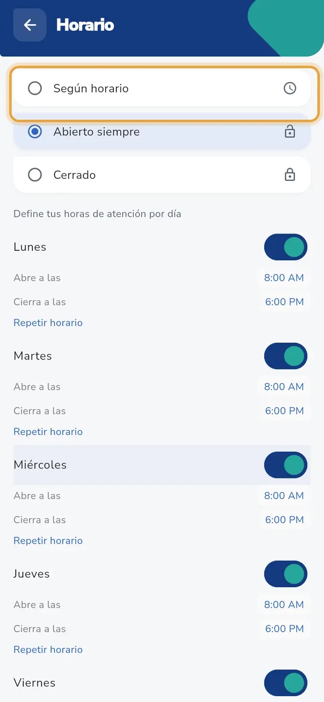 Pantalla Horario: la opción Según horario está señalada