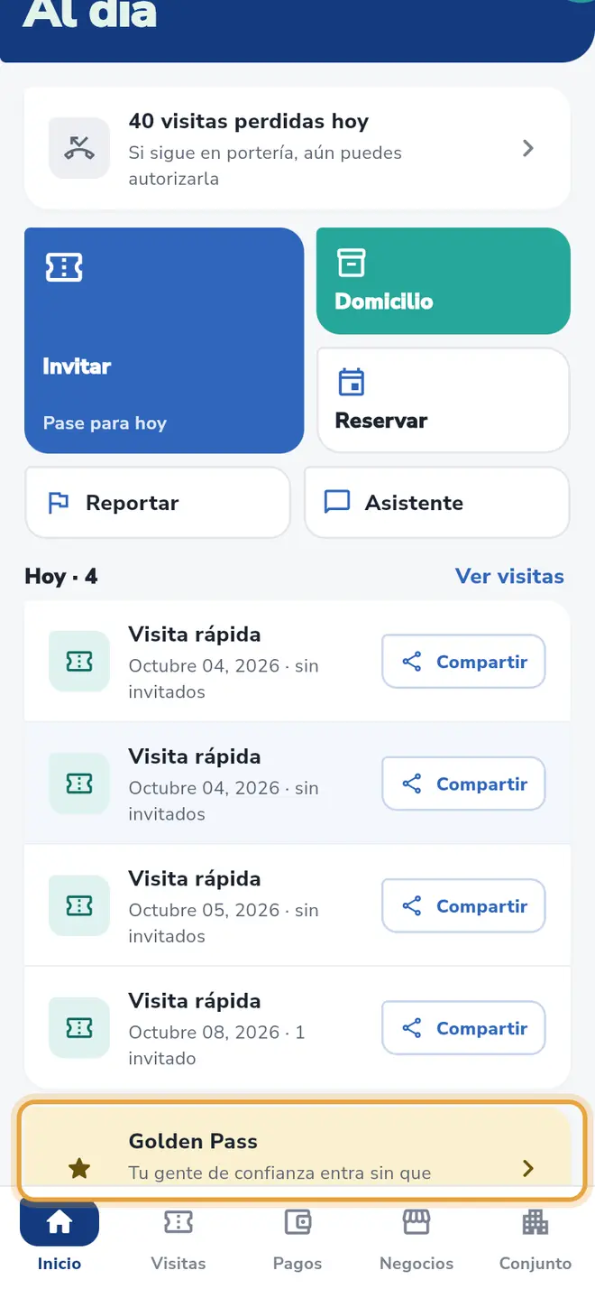 Pantalla Inicio: la tarjeta Golden Pass, con el texto "Tu gente de confianza entra sin que autorices cada visita", está señalada.
