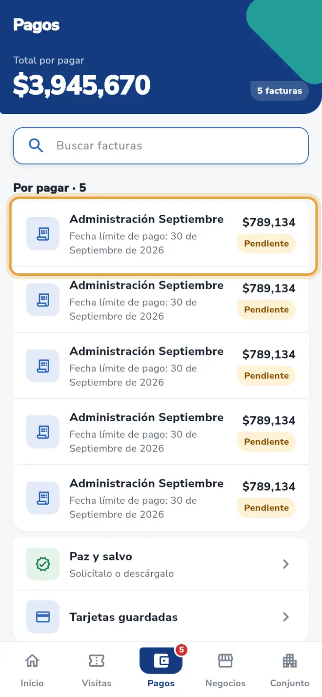 Pestaña Pagos: la factura que quieres reclamar está señalada
