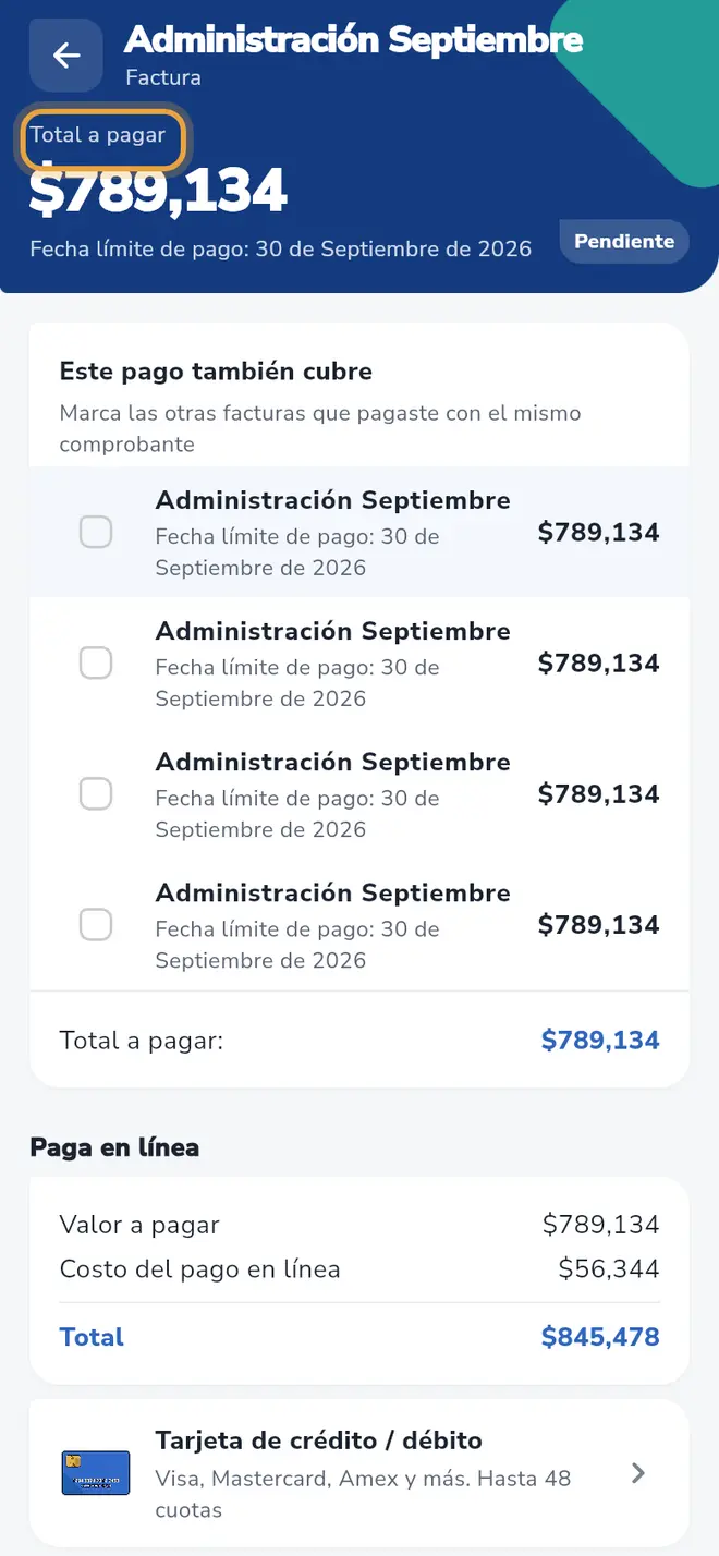 Detalle de la factura: el Total a pagar está señalado