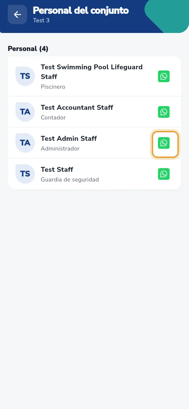 Pantalla Personal del conjunto: el botón de WhatsApp del administrador está señalado