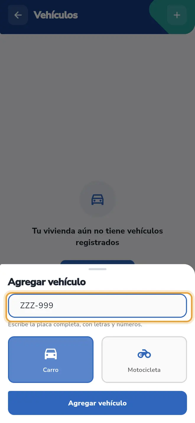 Hoja Agregar vehículo: el campo Placa con la placa escrita está señalado