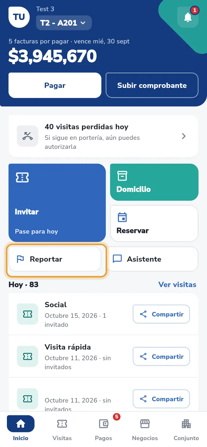 Pantalla Inicio: el botón Reportar está señalado