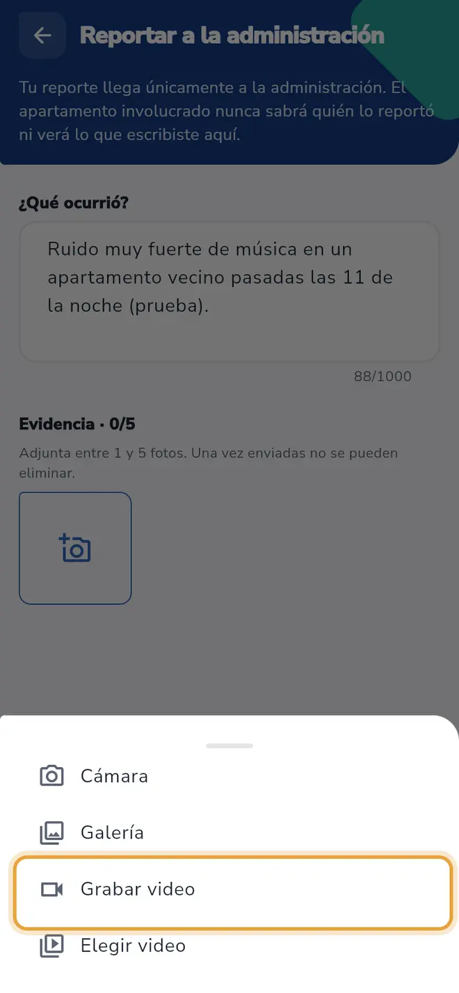 Hoja con las opciones Cámara, Galería, Grabar video y Elegir video: Grabar video está señalada