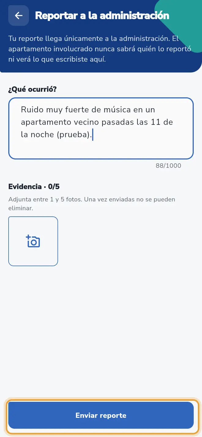 Pantalla Reportar a la administración con la descripción escrita: el botón Enviar reporte está señalado