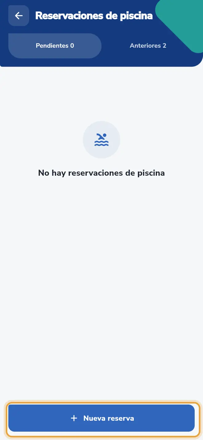 Pantalla Reservaciones de piscina: el botón Nueva reserva está señalado