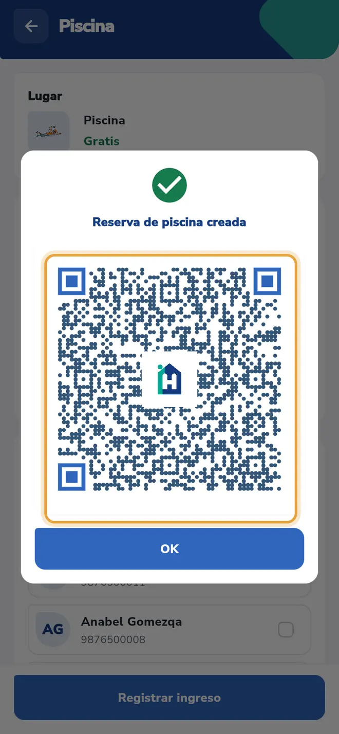 Ventana Reserva de piscina creada: el código QR está señalado
