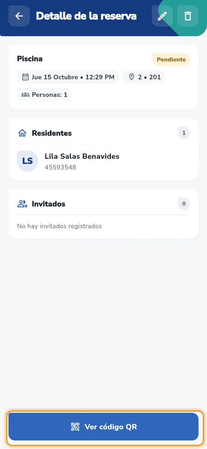 Detalle de la reserva: el botón Ver código QR está señalado