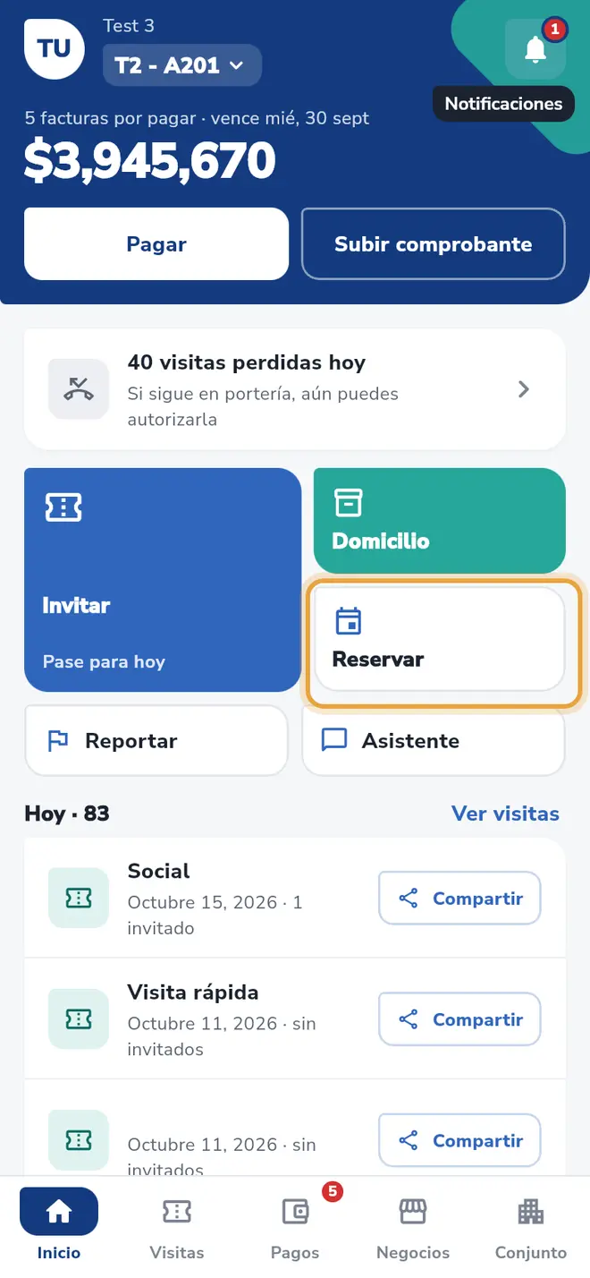 Pantalla Inicio: el botón Reservar está señalado