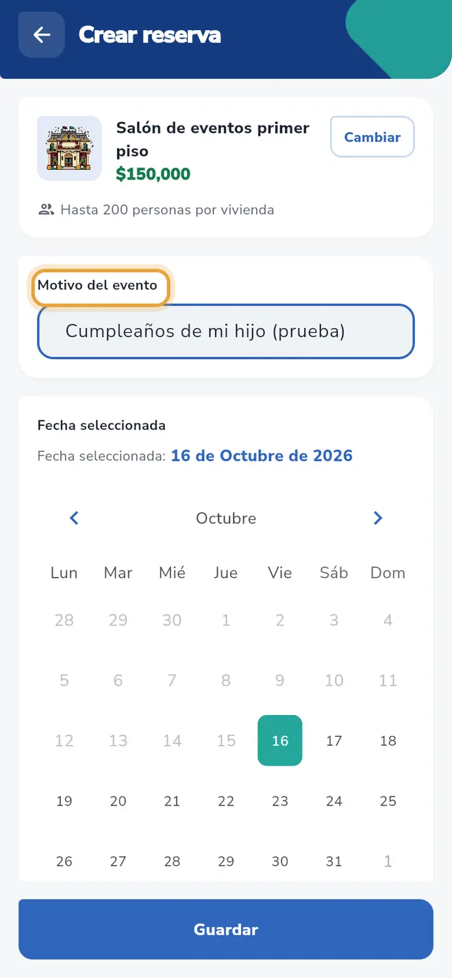 Pantalla Crear reserva: el campo Motivo del evento está señalado