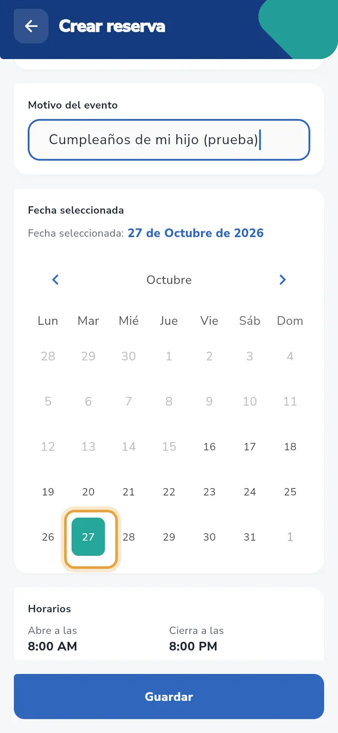 Pantalla Crear reserva: el día elegido en el calendario está señalado