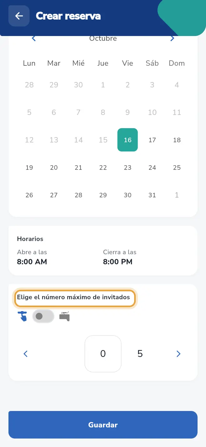 Pantalla Crear reserva: el selector Elige el número máximo de invitados está señalado