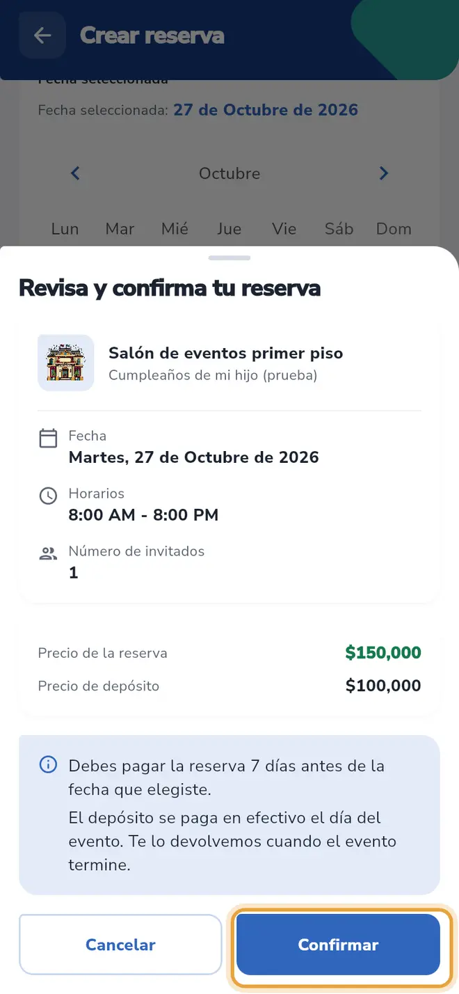 Ventana Revisa y confirma tu reserva: el botón Confirmar está señalado