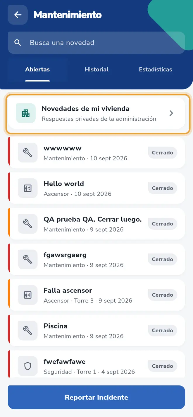 Pantalla Mantenimiento, pestaña Abiertas: la tarjeta Novedades de mi vivienda está señalada