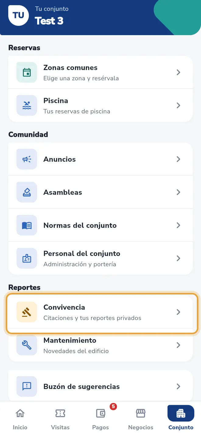 Pestaña Conjunto: la fila Convivencia está señalada