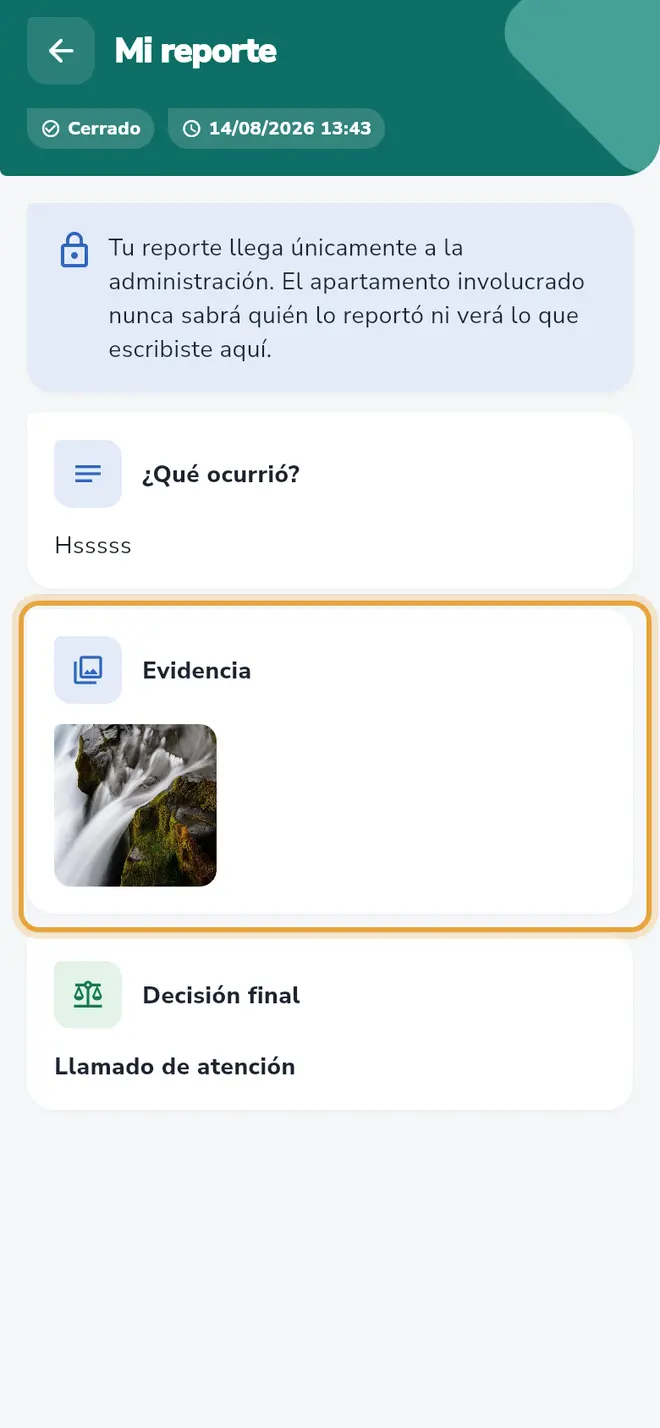 Pantalla Mi reporte: la tarjeta Evidencia está señalada y arriba se ve el aviso de privacidad