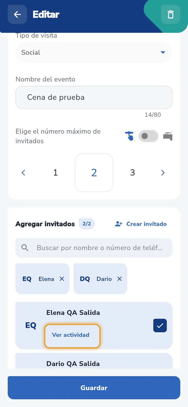 Pantalla Editar de la visita: el botón Ver actividad, bajo el nombre del invitado, está señalado.
