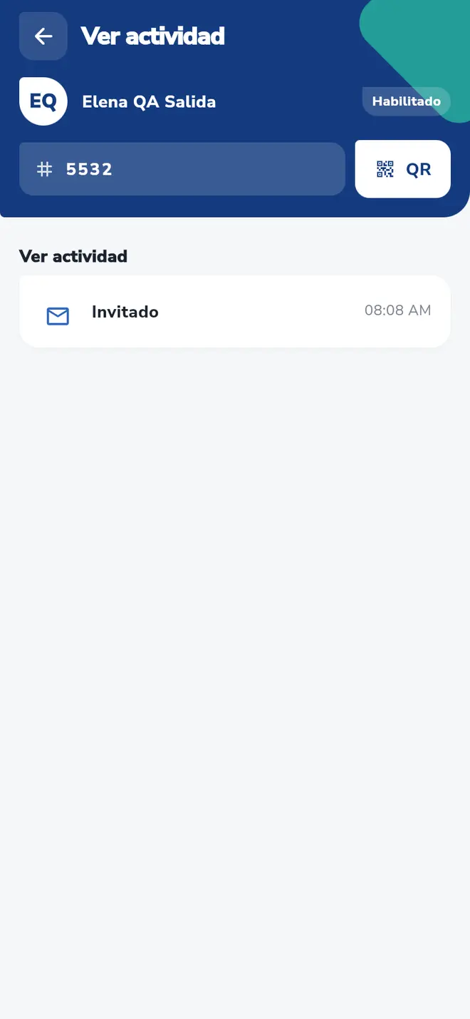 Pantalla Ver actividad: la línea de tiempo del invitado muestra una fila con su estado y la hora.