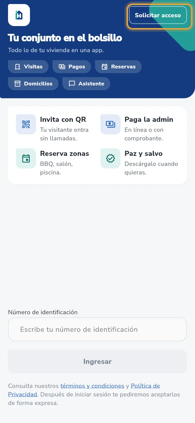 Pantalla de inicio de sesión: el botón Solicitar acceso está señalado