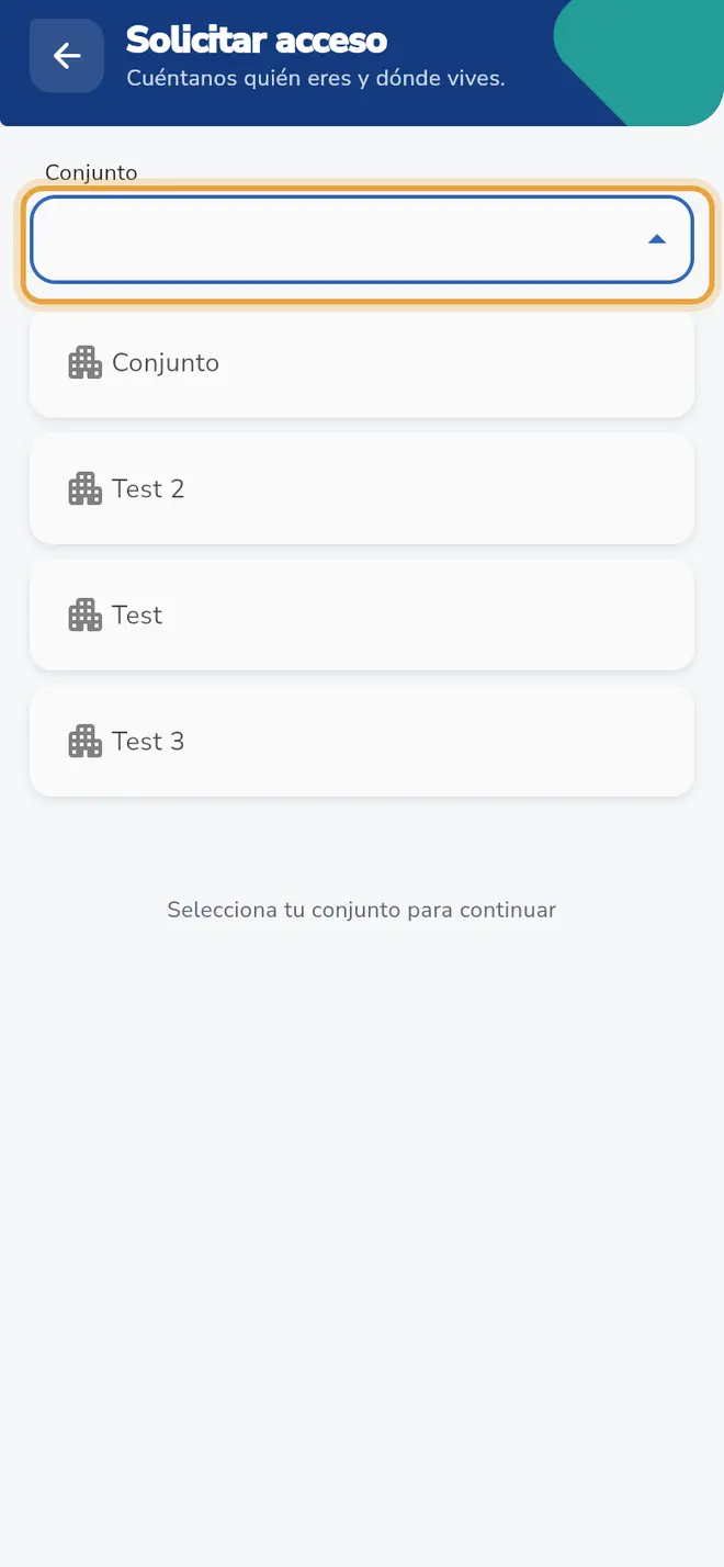 Pantalla Solicitar acceso: el campo Conjunto con la lista de conjuntos está señalado