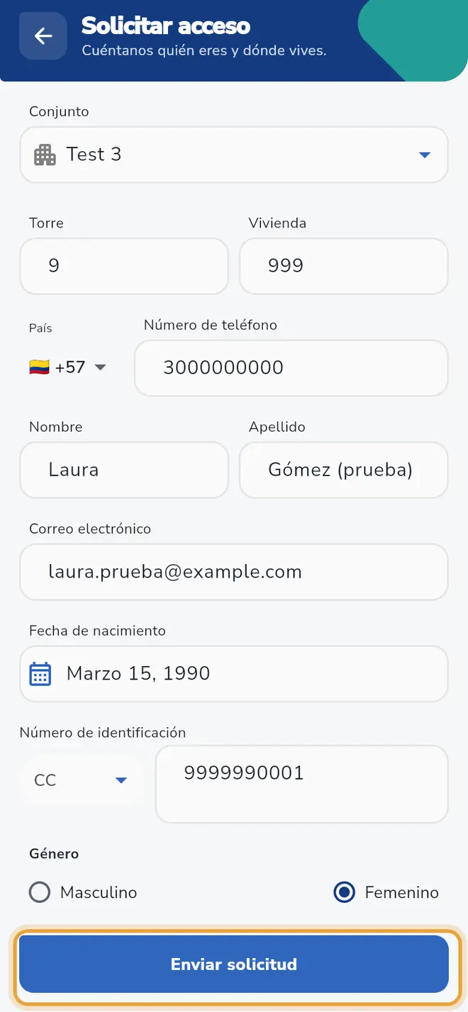 Pantalla Solicitar acceso con el formulario lleno: el botón Enviar solicitud está señalado