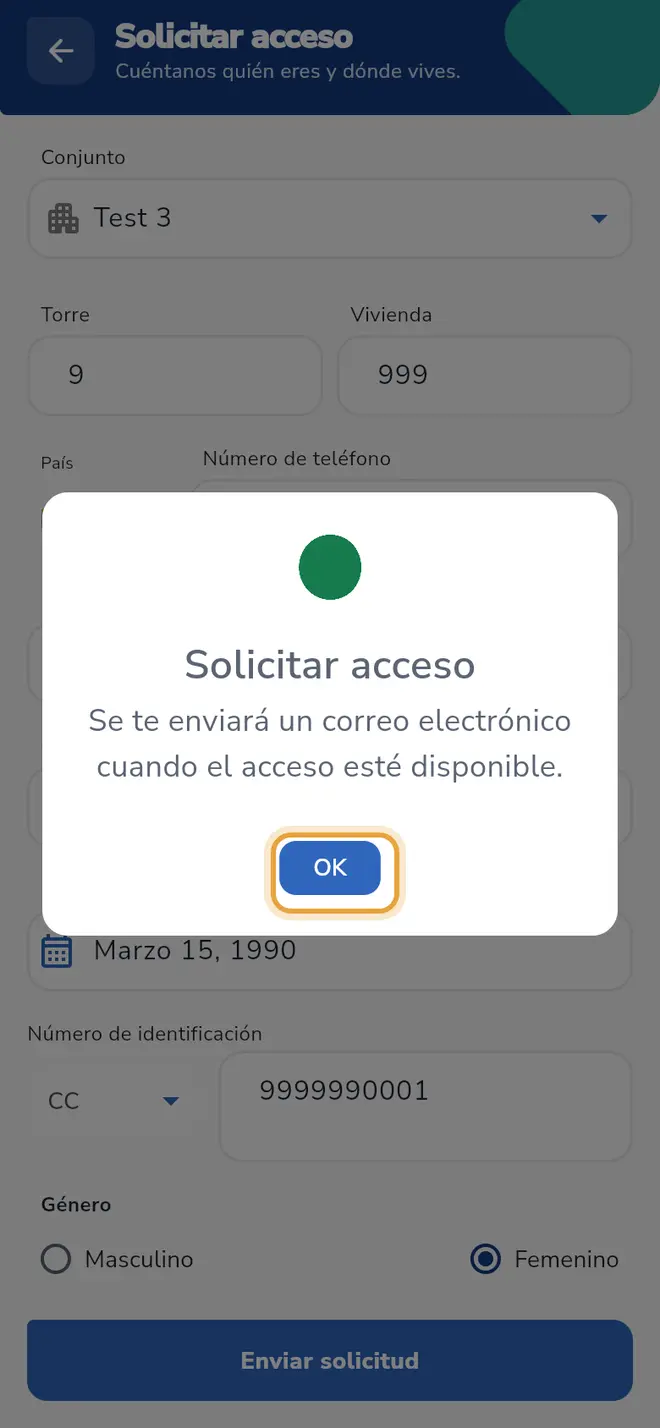 Aviso de solicitud enviada: el botón OK está señalado