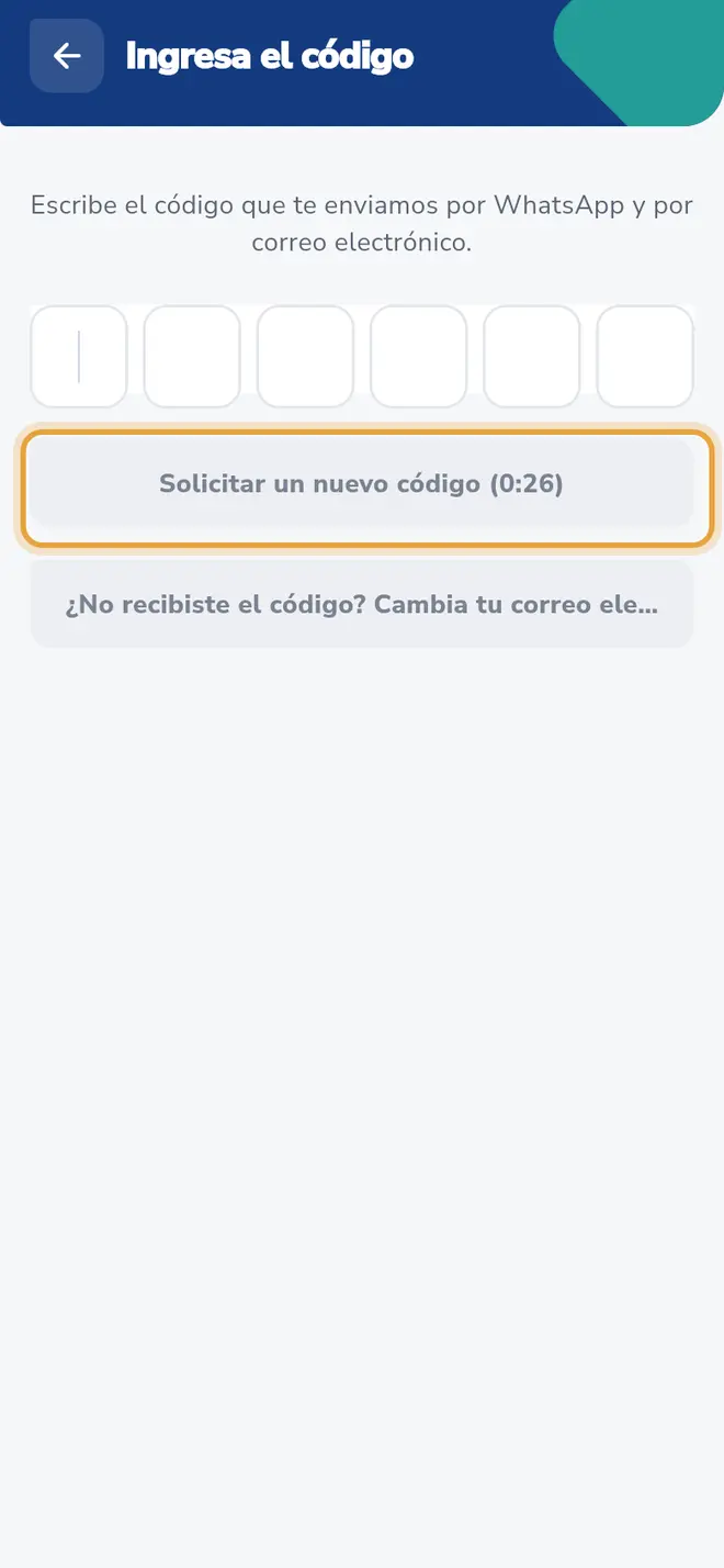 Pantalla Ingresa el código: el botón Solicitar un nuevo código está señalado
