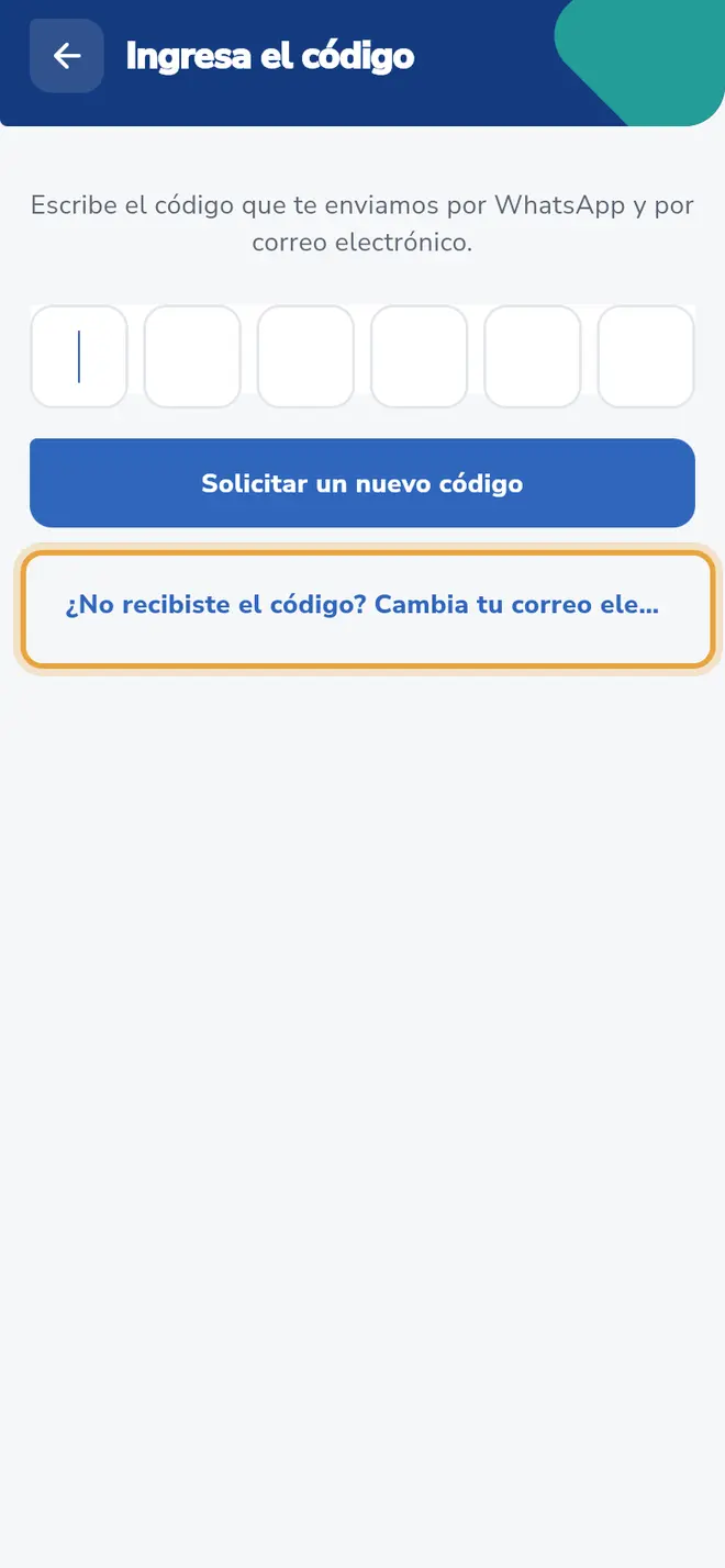 Pantalla Ingresa el código: el botón para cambiar el correo electrónico está señalado