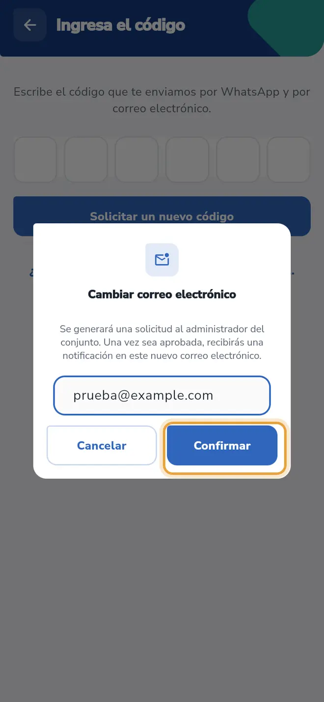 Ventana Cambiar correo electrónico: el botón Confirmar está señalado