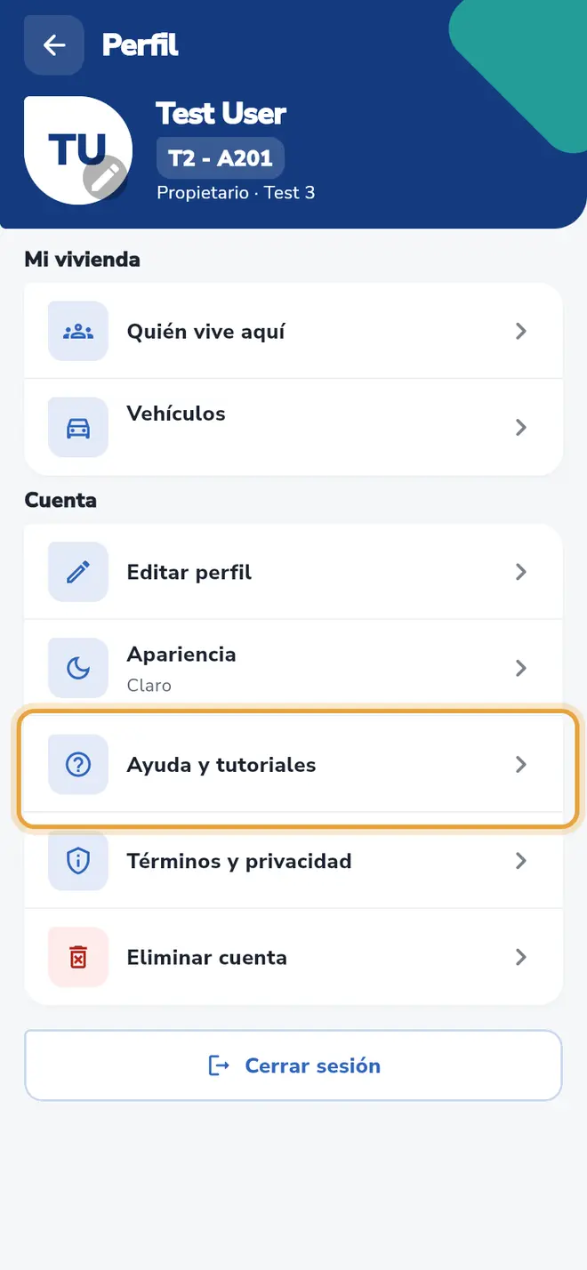 Perfil: la fila Ayuda y tutoriales está señalada