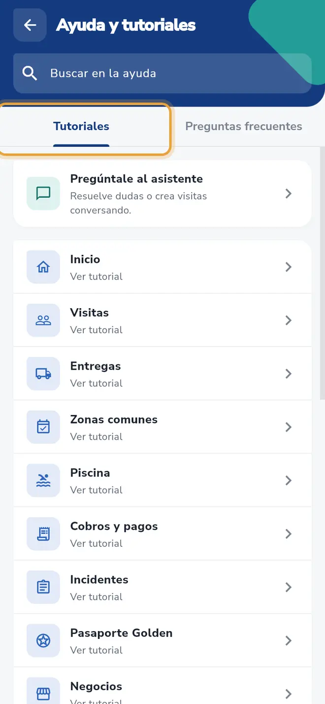 Pantalla Ayuda y tutoriales: la pestaña Tutoriales está señalada